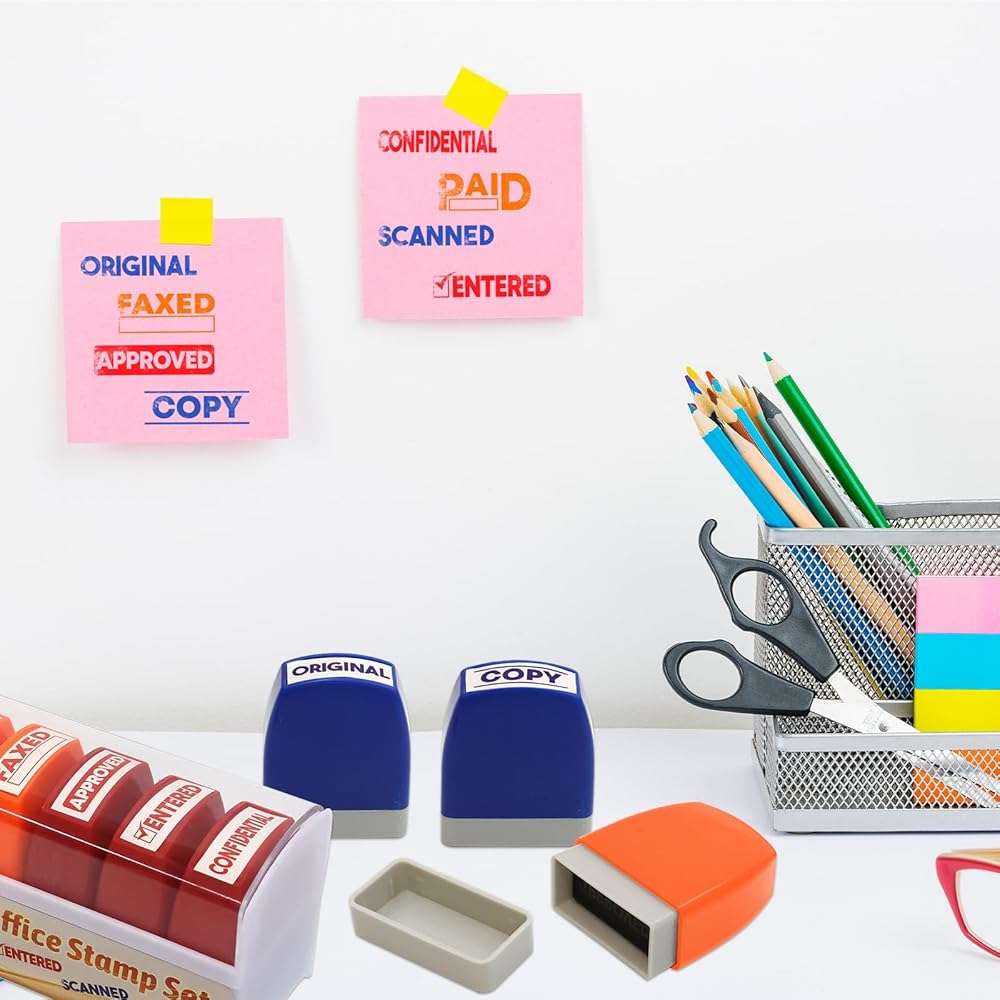 Fancy Land 8 Pack Self Inking Business Rubber Message Stamps Office Stamp Set Paid Completed Scanned Reusable Work Stampers with Storage Tray Office Desk Supplies for Coworker Colleague Business Staff - Image 5