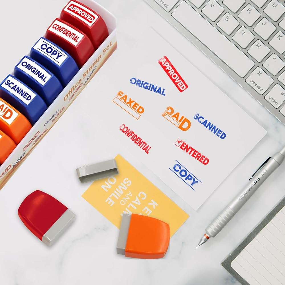 Fancy Land 8 Pack Self Inking Business Rubber Message Stamps Office Stamp Set Paid Completed Scanned Reusable Work Stampers with Storage Tray Office Desk Supplies for Coworker Colleague Business Staff - Image 7
