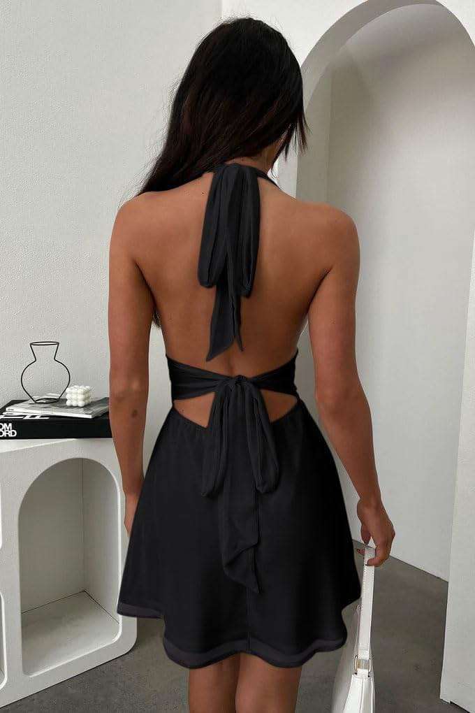 GOKATOSAU Women's Halter Deep V Neck Flowy Chiffon Bow Tie Backless Summer Mini Dress - Image 7