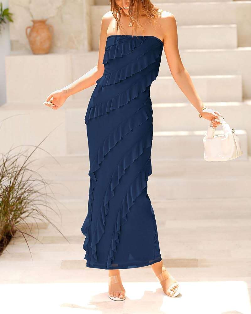 BTFBM Maxi Dresses For Women,Solid Color Bodycon Summer Wedding Guest Dress,For Party,Cocktail&Prom - Image 7