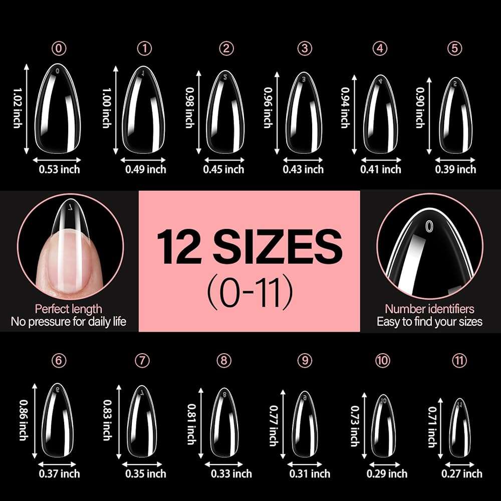 AILLSA Medium Almond Nail Tips Soft Clear Gel Nails Tips Preshaped Full Cover Nails Tip False Gelly Nail Tip for Nails Extension with Storage Box 216pcs 12 Sizes - Image 6