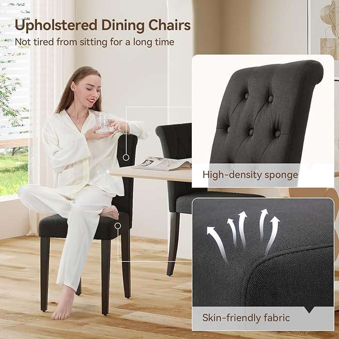 Welzona Upholstered Dining Chairs Set of 4, Button Tufted Parsons Dining Chair with Solid Wood Legs, Modern Fabric Side Chair for Dining Room/Kitchen/Restaurant/Hotel- Black - Image 4