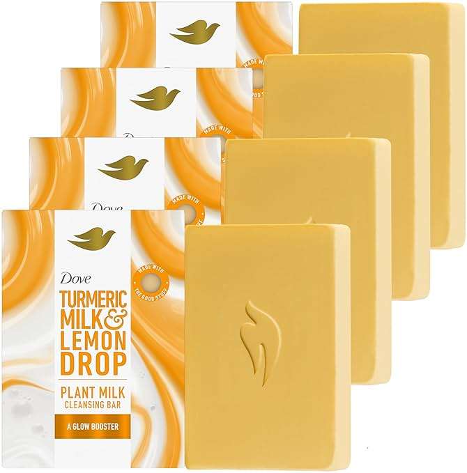 Dove Plant Milk Cleansing Bar Soap Turmeric Milk & Lemon Drop Glow Booster 4 Count for Moisturized Skin Gentle Cleanser, No Sulfate Cleansers or Parabens, 98% Biodegradable Formula 5 oz - Image 1