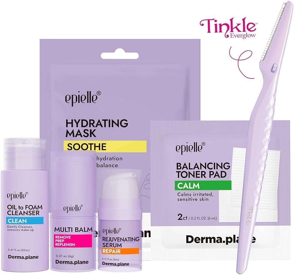 epielle & Tinkle Complete Safe Dermaplane Starter Kit: Safe Facial Renewal System Cleanser, Multi-Balm, Dermaplane Tool, Hydrating Mask & Serum, Peach Fuzz Removal Stocking Stuffer Dermaplaning Kit - Image 1