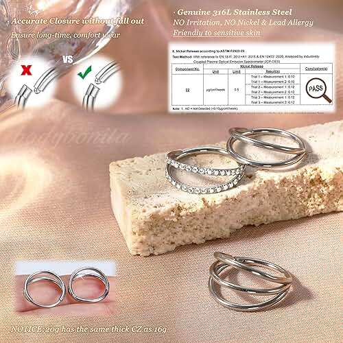 BodyBonita Triple/Double Hoop Nose Ring - 316L Stainless Steel Septum Clicker 16G/18G/20G CZ Conch Piercing Jewelry Septum Clicker Rings Cartilage Earring Helix Rook Tragus - Image 2