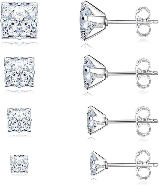 Trinckle 4 Pairs Stainless Steel Earrings, Square Stud Earrings for Men and Women, Hypoallergenic Silver Cubic Zirconia Earing Set Gold Studs Earings Lab-Diamond Princess Cut Jewelry Aretes De Hombre - Image 1