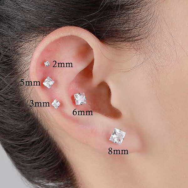 Trinckle 4 Pairs Stainless Steel Earrings, Square Stud Earrings for Men and Women, Hypoallergenic Silver Cubic Zirconia Earing Set Gold Studs Earings Lab-Diamond Princess Cut Jewelry Aretes De Hombre - Image 2