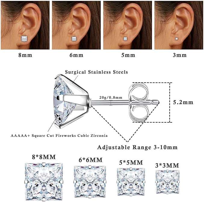 Trinckle 4 Pairs Stainless Steel Earrings, Square Stud Earrings for Men and Women, Hypoallergenic Silver Cubic Zirconia Earing Set Gold Studs Earings Lab-Diamond Princess Cut Jewelry Aretes De Hombre - Image 3