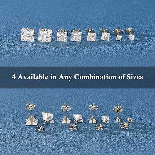 Trinckle 4 Pairs Stainless Steel Earrings, Square Stud Earrings for Men and Women, Hypoallergenic Silver Cubic Zirconia Earing Set Gold Studs Earings Lab-Diamond Princess Cut Jewelry Aretes De Hombre - Image 4