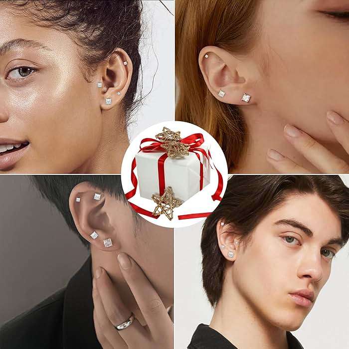 Trinckle 4 Pairs Stainless Steel Earrings, Square Stud Earrings for Men and Women, Hypoallergenic Silver Cubic Zirconia Earing Set Gold Studs Earings Lab-Diamond Princess Cut Jewelry Aretes De Hombre - Image 5