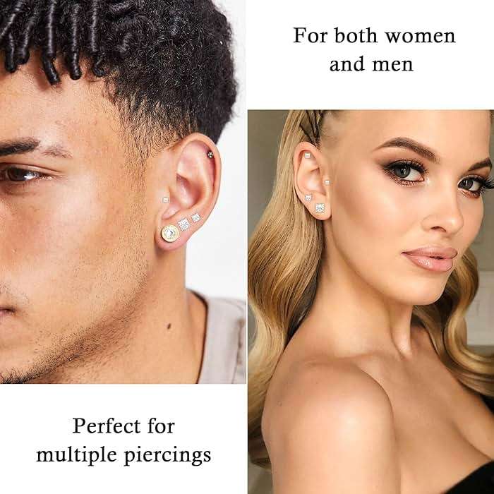 Trinckle 4 Pairs Stainless Steel Earrings, Square Stud Earrings for Men and Women, Hypoallergenic Silver Cubic Zirconia Earing Set Gold Studs Earings Lab-Diamond Princess Cut Jewelry Aretes De Hombre - Image 6