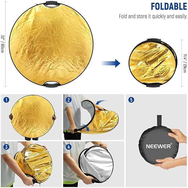 NEEWER 32"/80cm 5 in 1 Light Reflector with Clamp & Hand Grips, Polyester Multi Disc Photography Diffuser, Translucent/Silver/Gold/White/Black, 3/8" Thread, for Studio Outdoor Lighting, RF-80II - Image 8