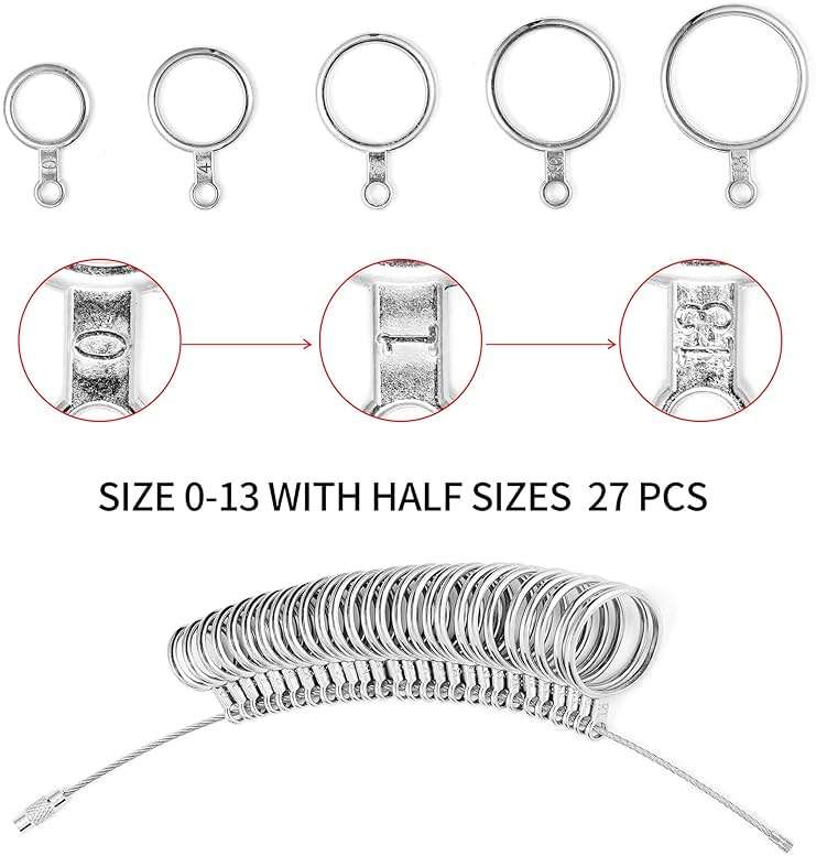 Bflaae Ring Sizer Measuring Tool Kit, 27 PCS Stainless Steel Measuring Ring Tool, US Ring Size 0-13 with Half Size, 2 PCS Reusable Finger Size Tape with Magnified Glass 1-17 USA Rings Size - Image 2