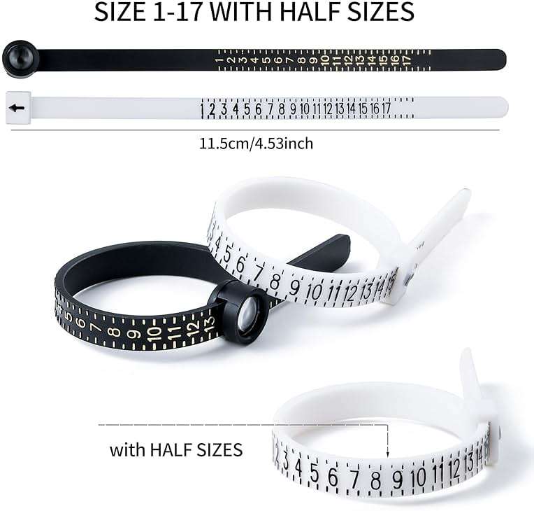 Bflaae Ring Sizer Measuring Tool Kit, 27 PCS Stainless Steel Measuring Ring Tool, US Ring Size 0-13 with Half Size, 2 PCS Reusable Finger Size Tape with Magnified Glass 1-17 USA Rings Size - Image 3