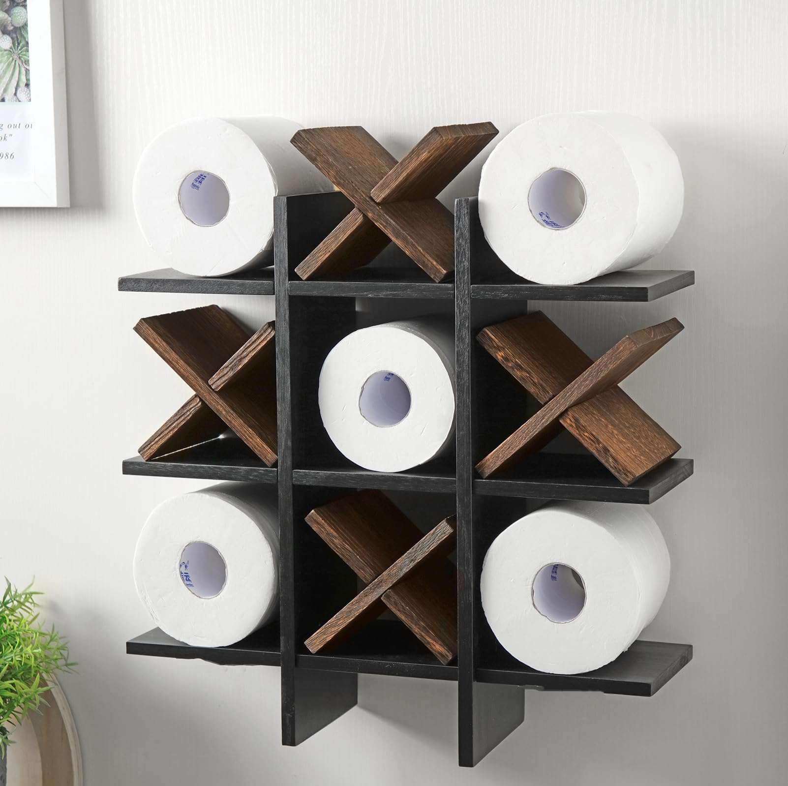 Weysat Tic Tac Toe Toilet Paper Holder Stand Bathroom Wall Decor Rustic Wooden Hanging Storage Freestanding Wall Mounted Shelves Decor for Toilet Tissue Farmhouse - Image 1