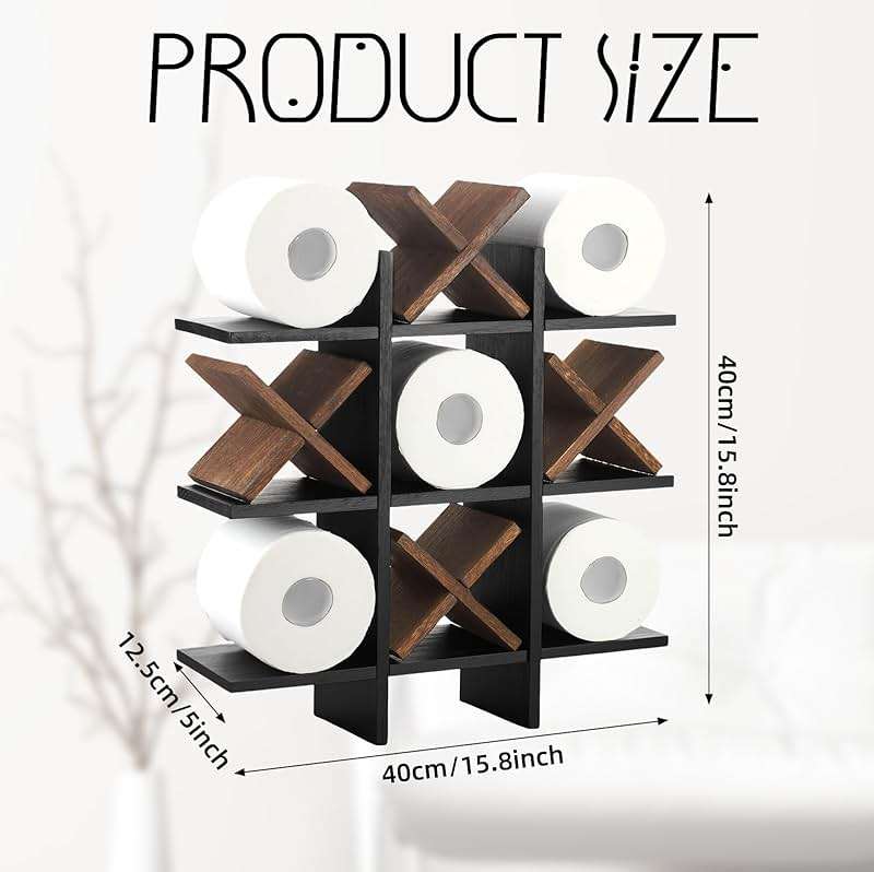 Weysat Tic Tac Toe Toilet Paper Holder Stand Bathroom Wall Decor Rustic Wooden Hanging Storage Freestanding Wall Mounted Shelves Decor for Toilet Tissue Farmhouse - Image 2