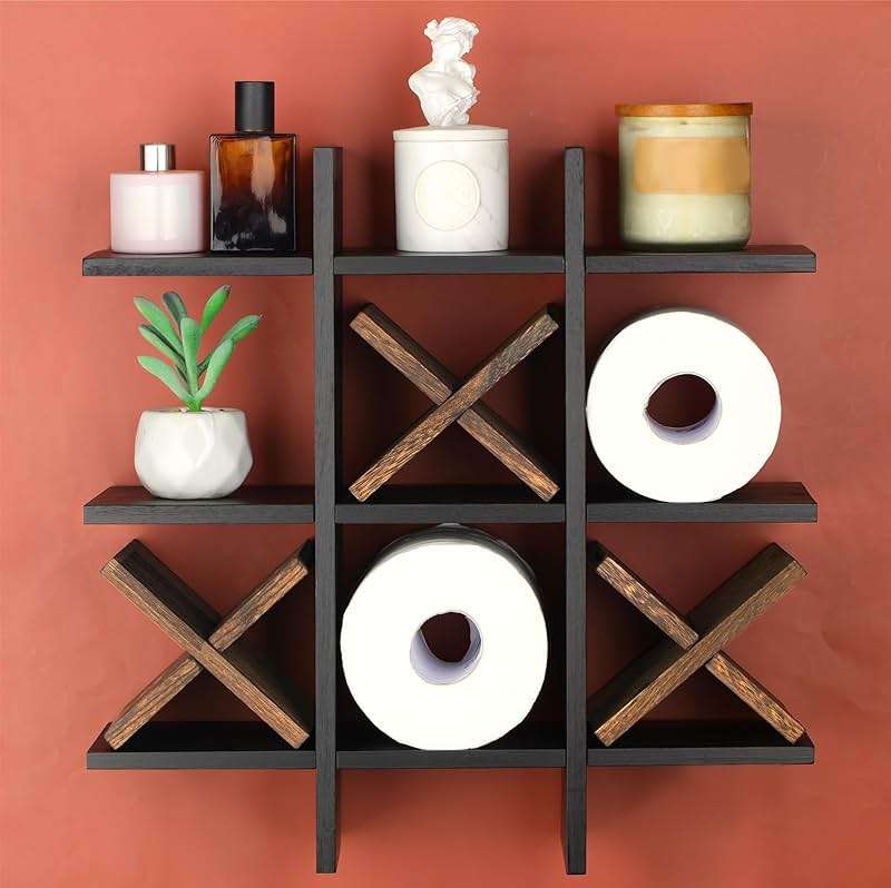 Weysat Tic Tac Toe Toilet Paper Holder Stand Bathroom Wall Decor Rustic Wooden Hanging Storage Freestanding Wall Mounted Shelves Decor for Toilet Tissue Farmhouse - Image 4