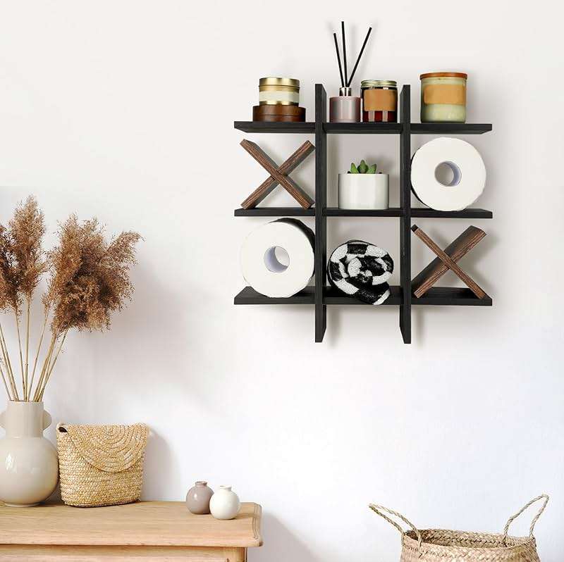Weysat Tic Tac Toe Toilet Paper Holder Stand Bathroom Wall Decor Rustic Wooden Hanging Storage Freestanding Wall Mounted Shelves Decor for Toilet Tissue Farmhouse - Image 5