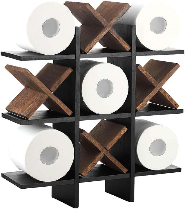 Weysat Tic Tac Toe Toilet Paper Holder Stand Bathroom Wall Decor Rustic Wooden Hanging Storage Freestanding Wall Mounted Shelves Decor for Toilet Tissue Farmhouse - Image 6