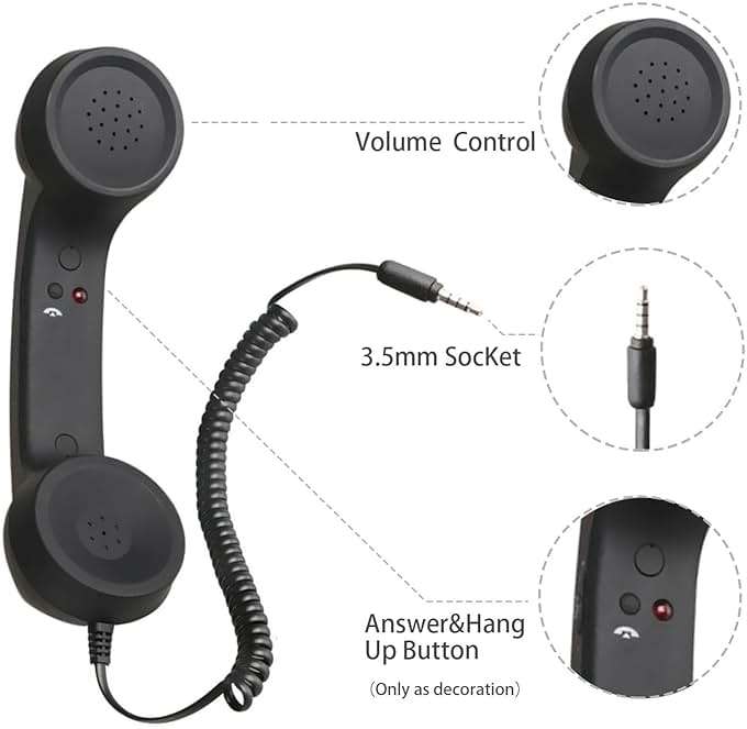3.5mm Vintage Retro Telephone Handset, Cell Phone Receiver, Radiation Proof Retro Handset, Microphone Speaker for Cellphone Smartphone, Handheld Old Telephone Headset (Black) - Image 2