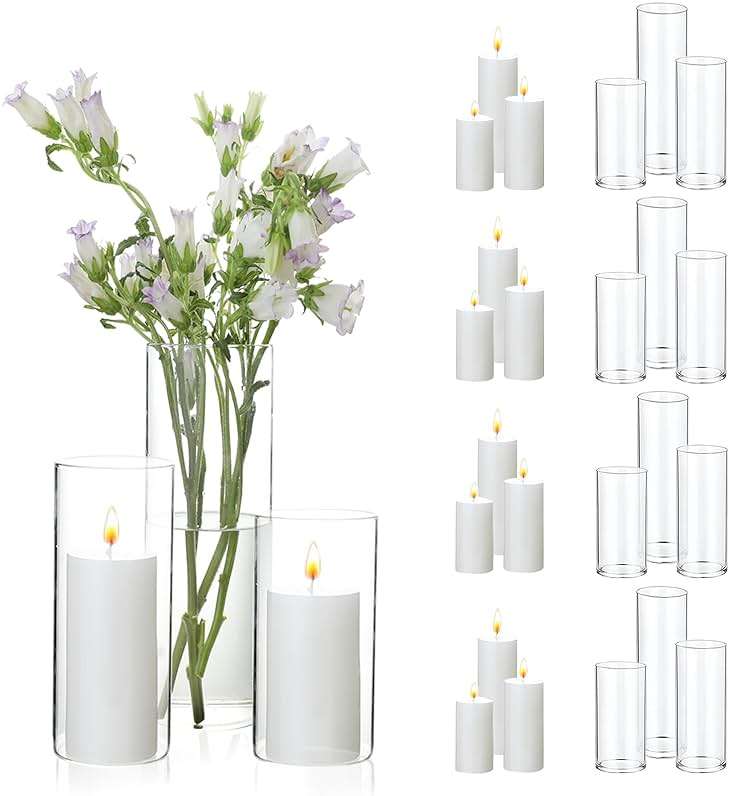 UDU 24 PCS White Pillar Candles with Glass Cylinder Vases Hurricane Glass Candle Holders for Pillar Candles Cylinder Vases for Centerpieces Wedding Table Party Home Decor - Image 1