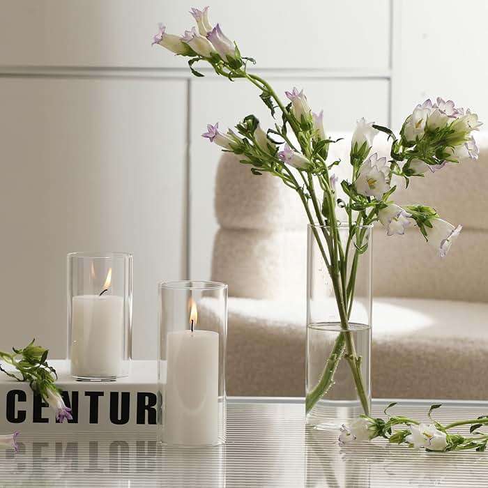 UDU 24 PCS White Pillar Candles with Glass Cylinder Vases Hurricane Glass Candle Holders for Pillar Candles Cylinder Vases for Centerpieces Wedding Table Party Home Decor - Image 4