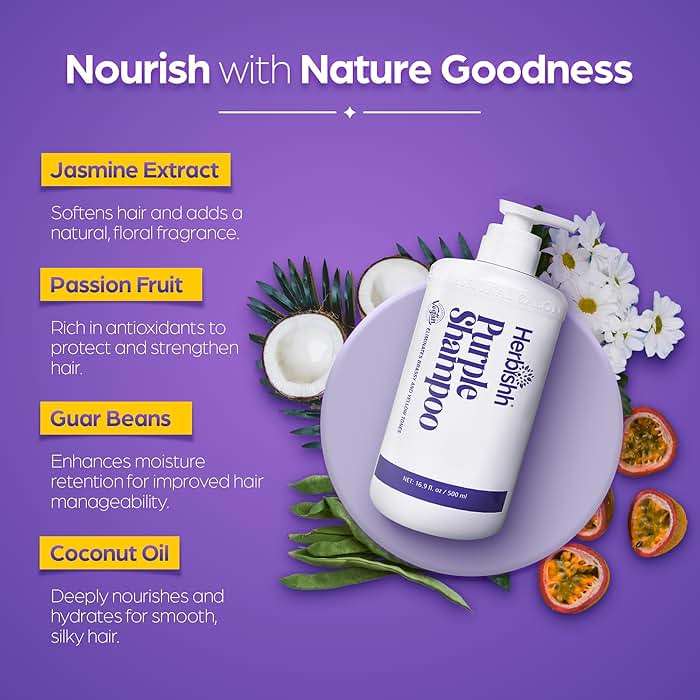 Herbishh Purple Shampoo for Blonde Hair 16.9 fl. Oz, Eliminates Yellow & Brassy Undertones from Silver & Highlighted Hair, Deep Cleansing Shampoo, Frizz Control & Color Protection - Image 4