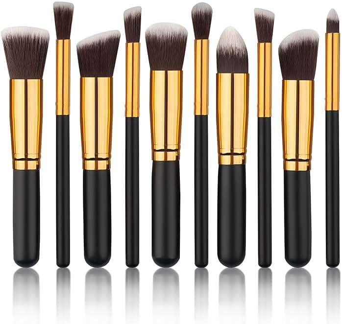 10pcs Premium Synthetic Mini Makeup Brush Set: Eyeshadow, Powder, Eyebrow, Eyeliner, Blush, Foundation & Concealer - Black & Golden - Image 1