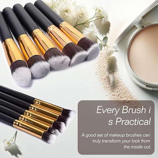10pcs Premium Synthetic Mini Makeup Brush Set: Eyeshadow, Powder, Eyebrow, Eyeliner, Blush, Foundation & Concealer - Black & Golden - Image 4