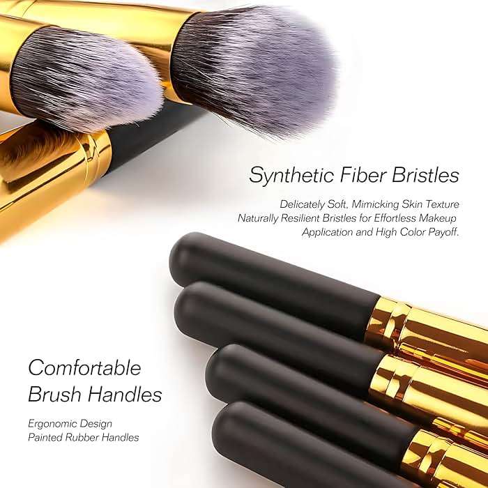10pcs Premium Synthetic Mini Makeup Brush Set: Eyeshadow, Powder, Eyebrow, Eyeliner, Blush, Foundation & Concealer - Black & Golden - Image 5