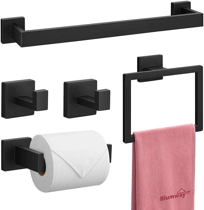 BlumWay 5-Pieces Matte Black Bathroom Accessories Set, 16 Inch Bathroom Hardware Set, SUS304 Stainless Steel Bath Towel Bar, Toilet Paper Holder,Towel Racks for Bathroom Wall Mounted - Image 1