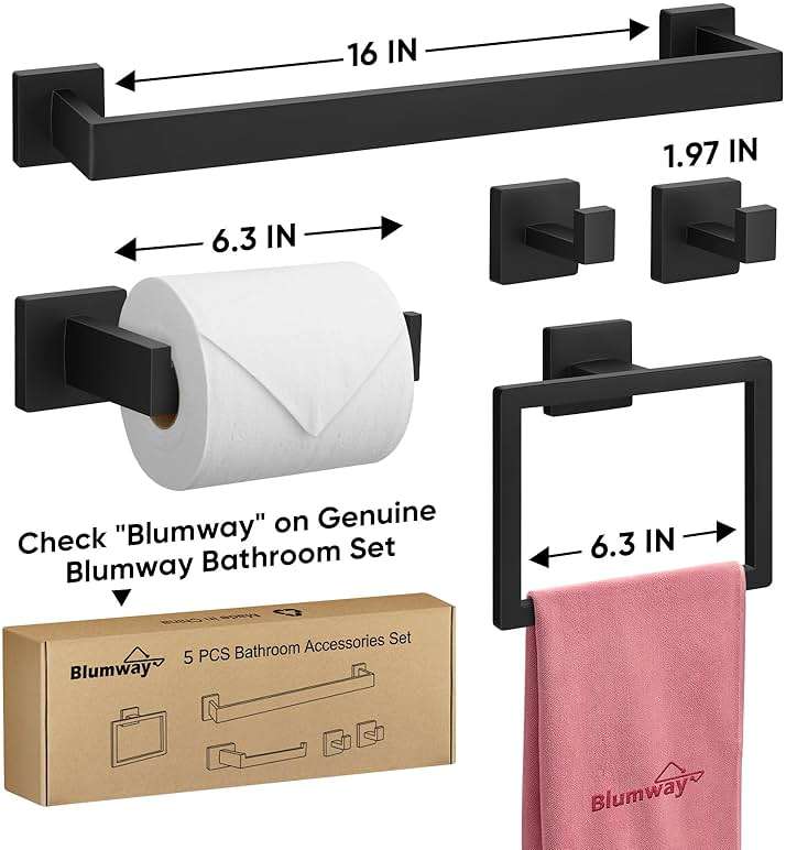 BlumWay 5-Pieces Matte Black Bathroom Accessories Set, 16 Inch Bathroom Hardware Set, SUS304 Stainless Steel Bath Towel Bar, Toilet Paper Holder,Towel Racks for Bathroom Wall Mounted - Image 3