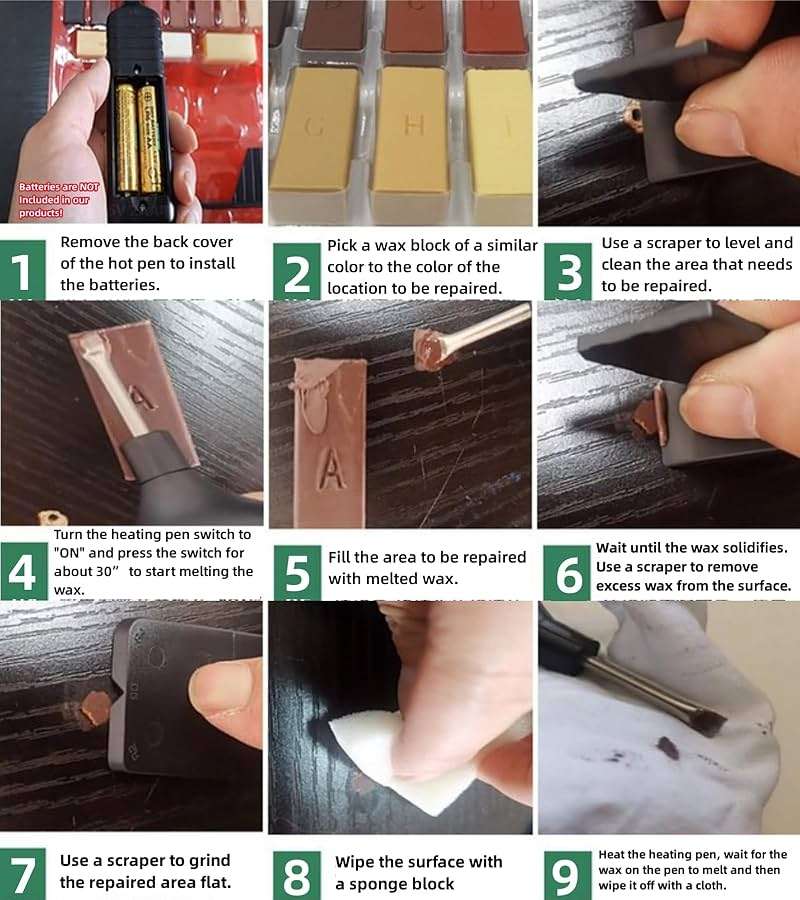 【New Upgrade】Farady Wood Laminate Vinyl Floor Furniture Repair Kit with 11 Colors Repair Wax Blocks, Wood Floor Scratch Repair for Wooden Floor, PVC, Vinyl, Door, Cabinet, Table, Stairs - Image 4