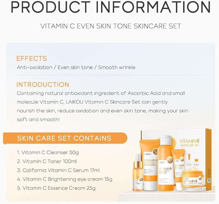 Vitamin C Skincare Set, Moisturizing Face Skin Care Kit with Facial Cleanser, Face Serum, Face Cream, Eye Cream, Toner For Hydrating Skin, Anti-Aging Skin - Image 3