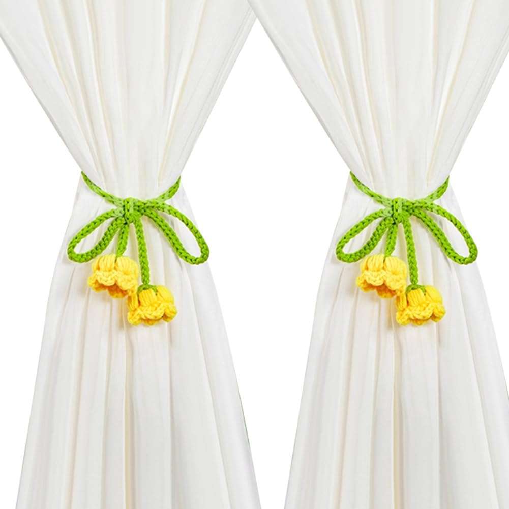 WAYUTO Crochet Curtain Tiebacks Yellow Flower 2 Pack Vintage Floral Tie Backs for Curtains Drapes Window Fancy Cute Creative Curtain Buckle Strap for Home Office Bedroom Decorative - Image 1