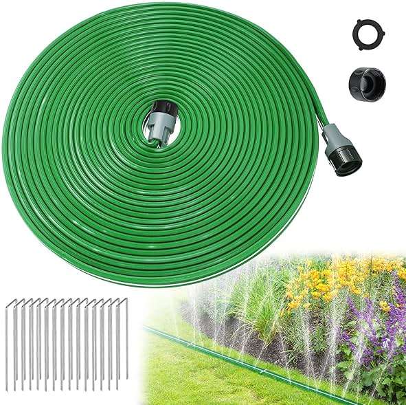 50ft Sprinkler Soaker Hose - Kink-free, Save Water, Flexible - Heavy Duty Three Tube Flat Watering Hose for Garden Yard Lawn Irrigation, With 15 Stakes - Image 1