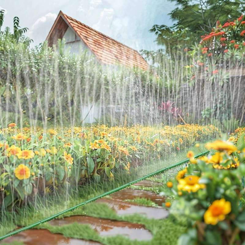 50ft Sprinkler Soaker Hose - Kink-free, Save Water, Flexible - Heavy Duty Three Tube Flat Watering Hose for Garden Yard Lawn Irrigation, With 15 Stakes - Image 2