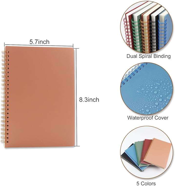 Aacehlh 5 Pack Spiral Notebooks 8.3" x 5.7", 80 Sheets College Ruled Notebook with Plastic Waterproof Cover, A5 Lined Journal for Office, School,Home - Image 2