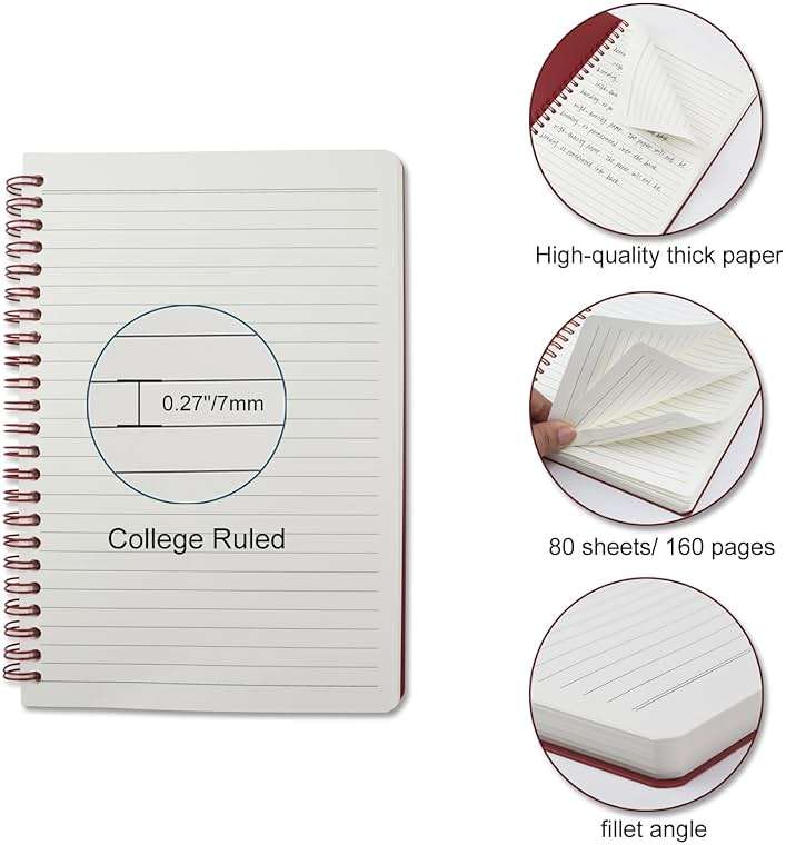 Aacehlh 5 Pack Spiral Notebooks 8.3" x 5.7", 80 Sheets College Ruled Notebook with Plastic Waterproof Cover, A5 Lined Journal for Office, School,Home - Image 3