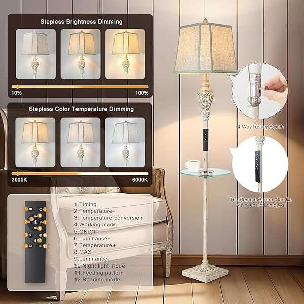 LuxSight Collection Rustic Floor Lamp, Living Room Lamps with Glass Tray, stepless diming Floor Lamp with Remote Control and USB A&C Charging Ports for Living Room Bedroom Office Smart Bulbs Included - Image 2