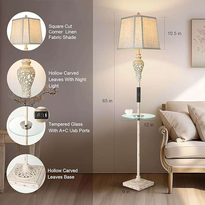 LuxSight Collection Rustic Floor Lamp, Living Room Lamps with Glass Tray, stepless diming Floor Lamp with Remote Control and USB A&C Charging Ports for Living Room Bedroom Office Smart Bulbs Included - Image 3