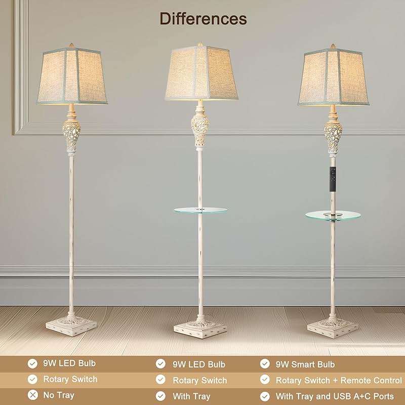 LuxSight Collection Rustic Floor Lamp, Living Room Lamps with Glass Tray, stepless diming Floor Lamp with Remote Control and USB A&C Charging Ports for Living Room Bedroom Office Smart Bulbs Included - Image 4