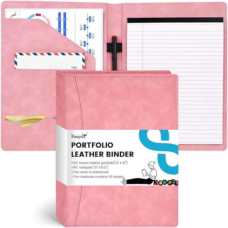 Koogel Padfolio Portfolio Folder, Leather Clipboard Portfolio Binder 13x10 inch Legal Writing Pad for Document Organizer Business Notepad Clip Boards for Women Office School Conference Meeting, Pink - Image 1