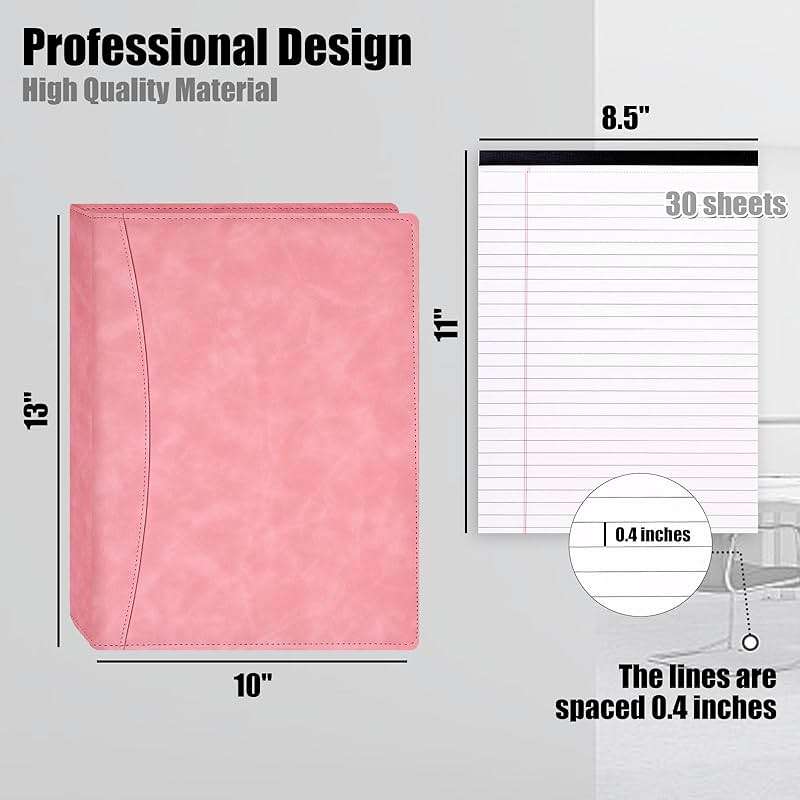 Koogel Padfolio Portfolio Folder, Leather Clipboard Portfolio Binder 13x10 inch Legal Writing Pad for Document Organizer Business Notepad Clip Boards for Women Office School Conference Meeting, Pink - Image 2