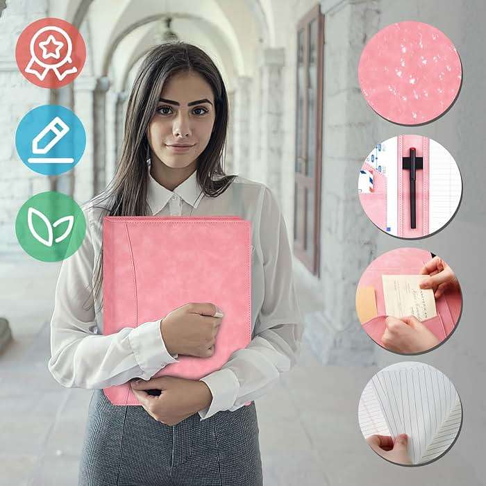 Koogel Padfolio Portfolio Folder, Leather Clipboard Portfolio Binder 13x10 inch Legal Writing Pad for Document Organizer Business Notepad Clip Boards for Women Office School Conference Meeting, Pink - Image 3