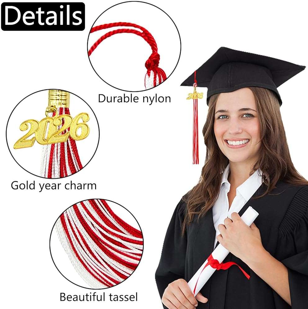 2026 Graduation Tassel, Red and White Tassel for Graduation Cap with 2026 Year Gold Charm for Graduation Ceremony Tassel Accessories - Image 4