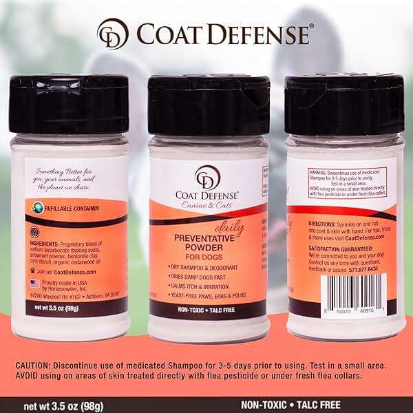COAT DEFENSE Daily Preventative Powder | Made in USA | 3.5oz Waterless Dog Shampoo & Pet Deodorizer for Smelly Dogs | Provides Anti Itch Relief | Dog Dry Shampoo for Dry Itchy Skin - Image 6