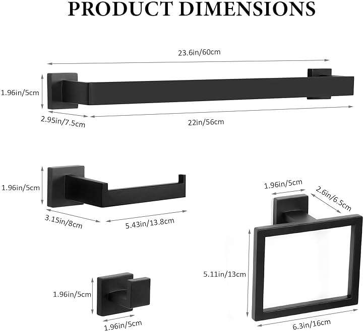 10-Piece Matte Black Bathroom Hardware Set,Towel Bar Set for Bathroom Include 23.6 inch Towel Bar,Towel Ring,Toilet Paper Holder Towel Hooks,Stainless Steel Wall Mounted - Image 3