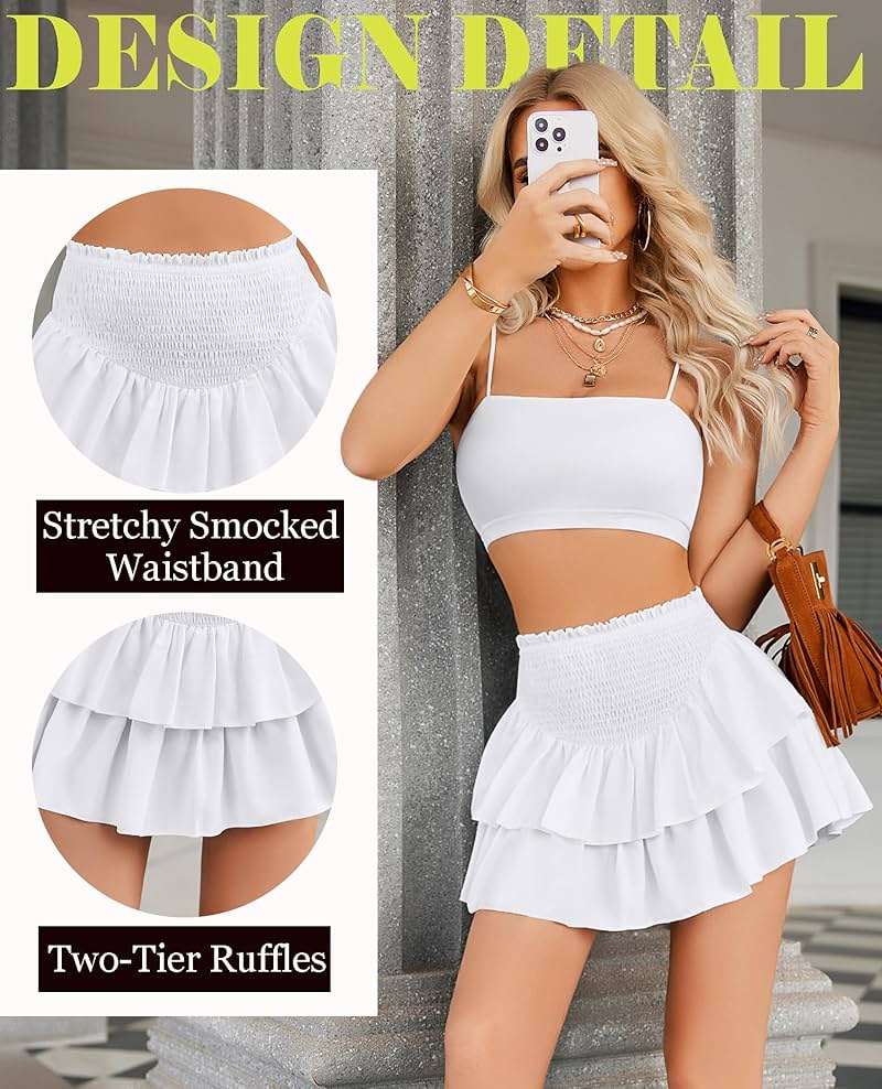 Avidlove Womens High Waist Ruffle Flowy Mini Skirts Casual Boho Layered Pleated Beach Short Skirt - Image 4