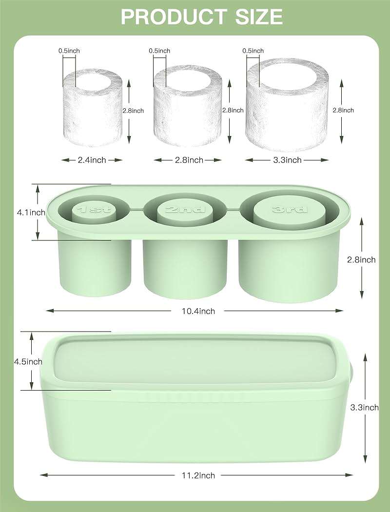 Ice Cube Tray for 30Oz-40Oz Tumbler Cup, 3 Pcs Silicone Ice Cube Tray with Lid and Bin for Freezer, Easy Fill and Release Cylinder Ice Mold for Whiskey, Cocktail BPA-Free (Green, 40Oz-Type1) - Image 2